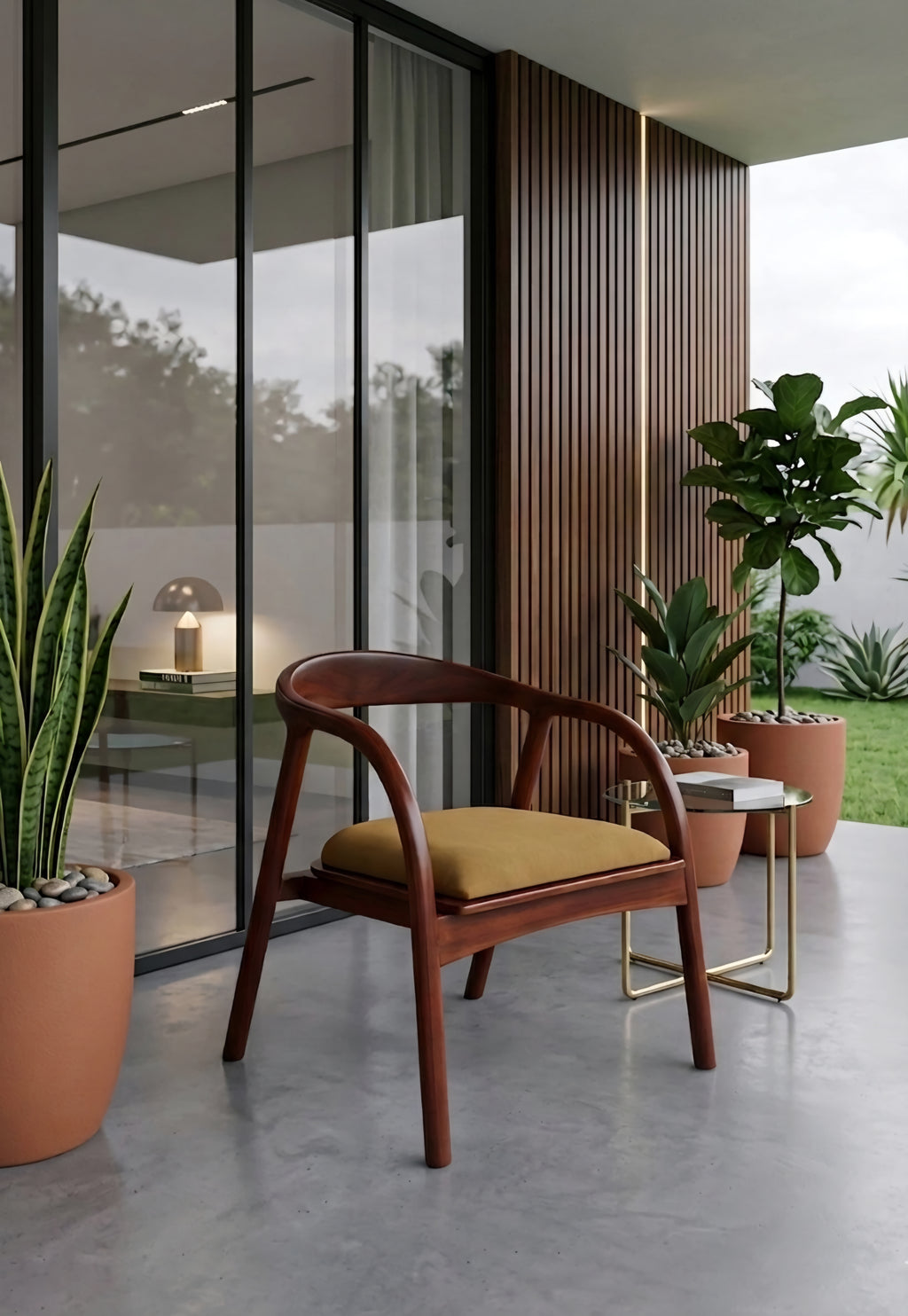 Premium Curved Wooden Armchair – Solid Wood Designer Chair with Cushioned Seat